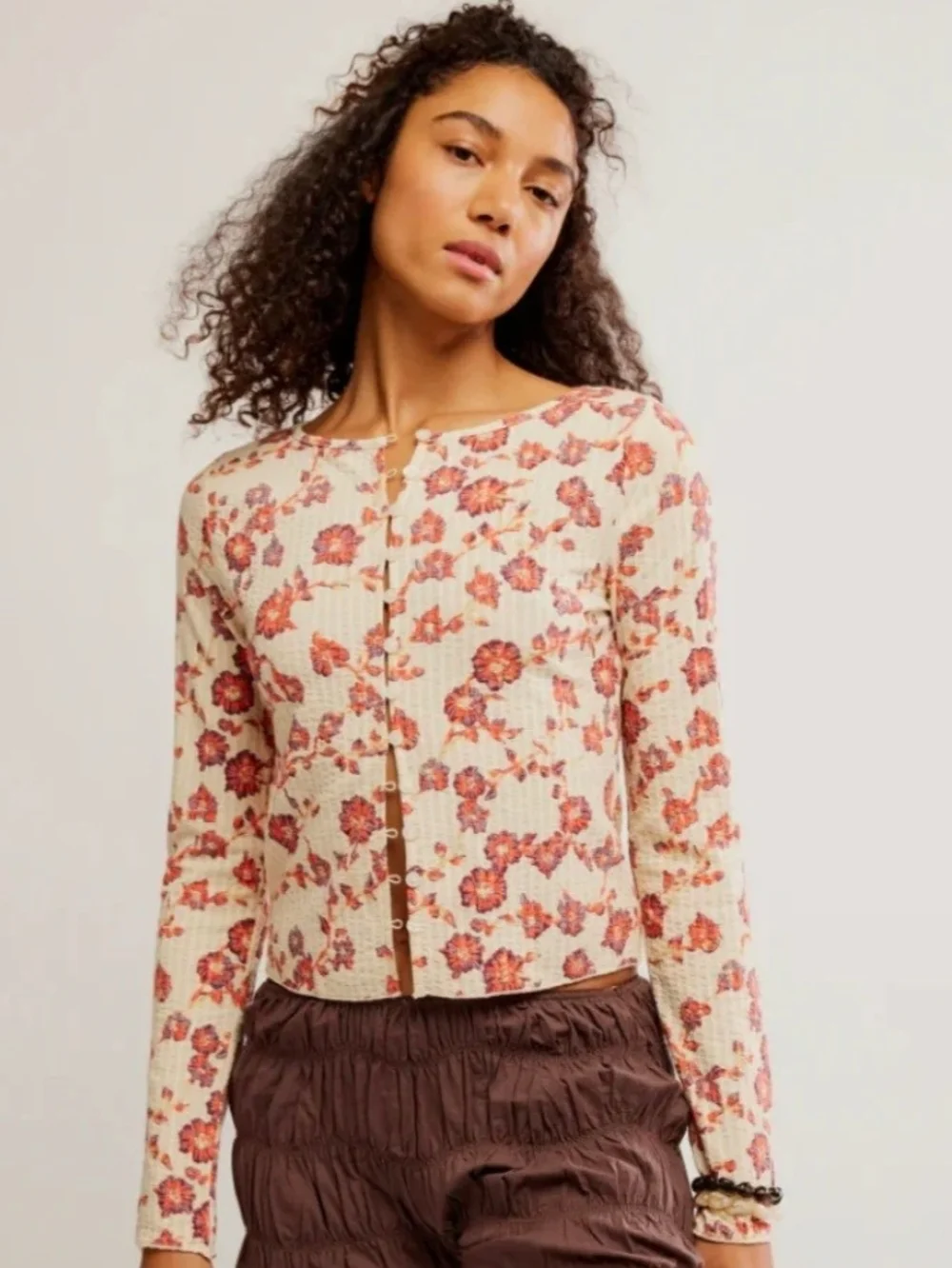 Free People Women’s Floral Button-Front Long Sleeve Top - Cream with Rust Floral